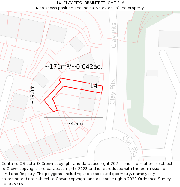 14, CLAY PITS, BRAINTREE, CM7 3LA: Plot and title map
