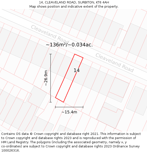 14, CLEAVELAND ROAD, SURBITON, KT6 4AH: Plot and title map