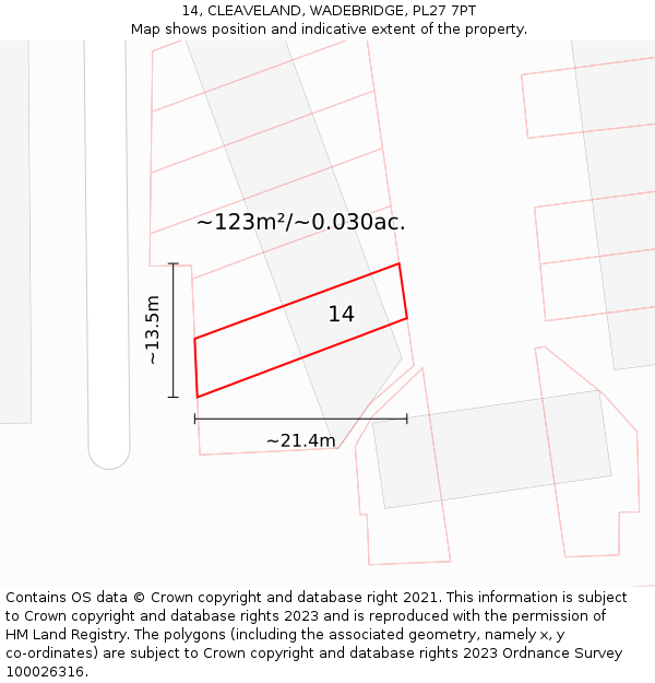 14, CLEAVELAND, WADEBRIDGE, PL27 7PT: Plot and title map