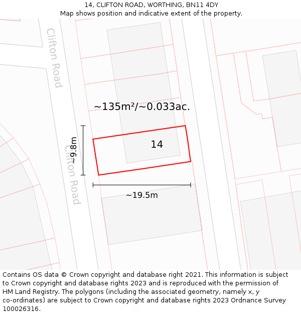 14, CLIFTON ROAD, WORTHING, BN11 4DY: Plot and title map