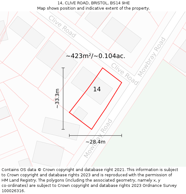 14, CLIVE ROAD, BRISTOL, BS14 9HE: Plot and title map