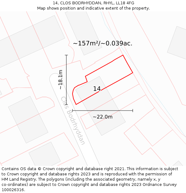 14, CLOS BODRHYDDAN, RHYL, LL18 4FG: Plot and title map