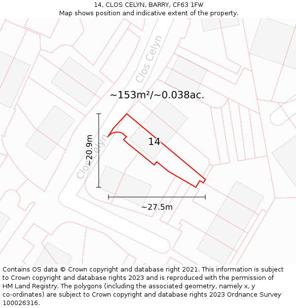 14, CLOS CELYN, BARRY, CF63 1FW: Plot and title map
