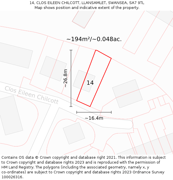 14, CLOS EILEEN CHILCOTT, LLANSAMLET, SWANSEA, SA7 9TL: Plot and title map