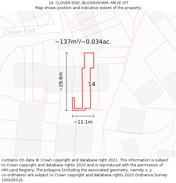 14, CLOVER END, BUCKINGHAM, MK18 1FT: Plot and title map
