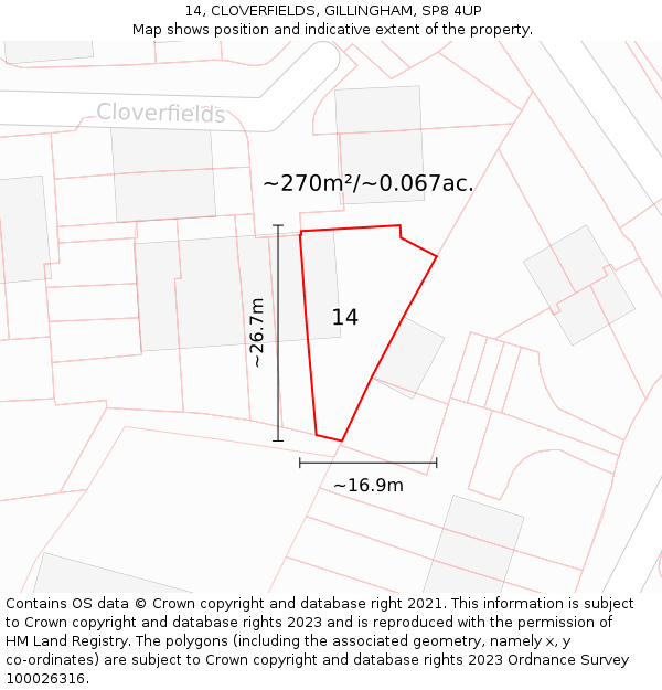 14, CLOVERFIELDS, GILLINGHAM, SP8 4UP: Plot and title map