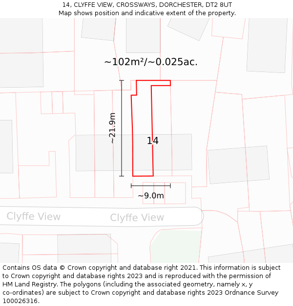 14, CLYFFE VIEW, CROSSWAYS, DORCHESTER, DT2 8UT: Plot and title map