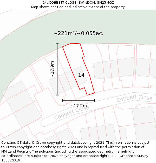 14, COBBETT CLOSE, SWINDON, SN25 4GZ: Plot and title map