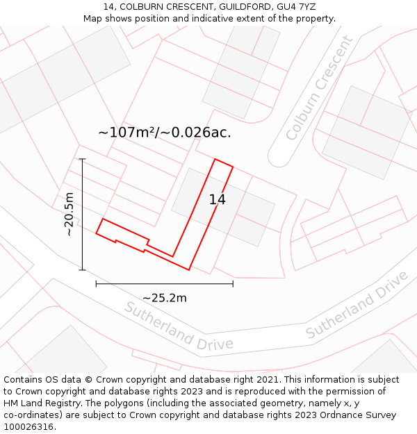 14, COLBURN CRESCENT, GUILDFORD, GU4 7YZ: Plot and title map