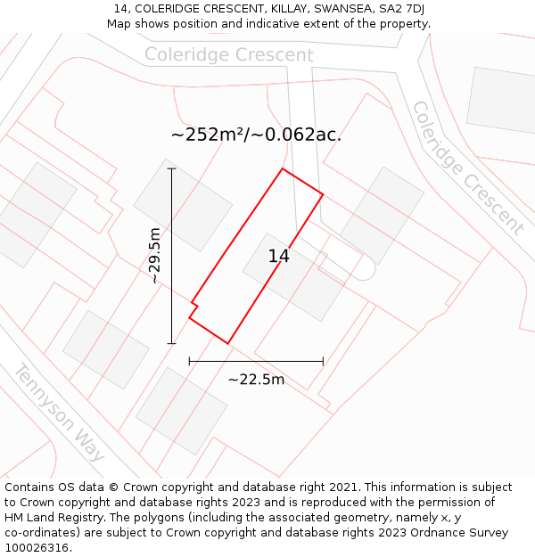 14, COLERIDGE CRESCENT, KILLAY, SWANSEA, SA2 7DJ: Plot and title map