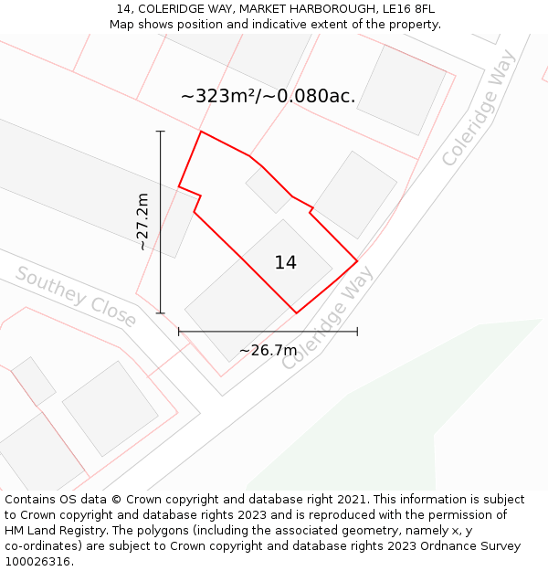 14, COLERIDGE WAY, MARKET HARBOROUGH, LE16 8FL: Plot and title map