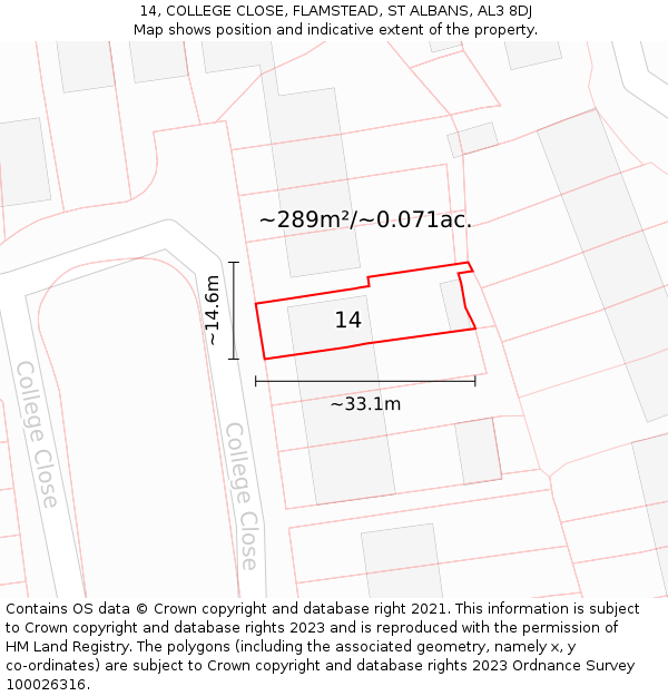 14, COLLEGE CLOSE, FLAMSTEAD, ST ALBANS, AL3 8DJ: Plot and title map