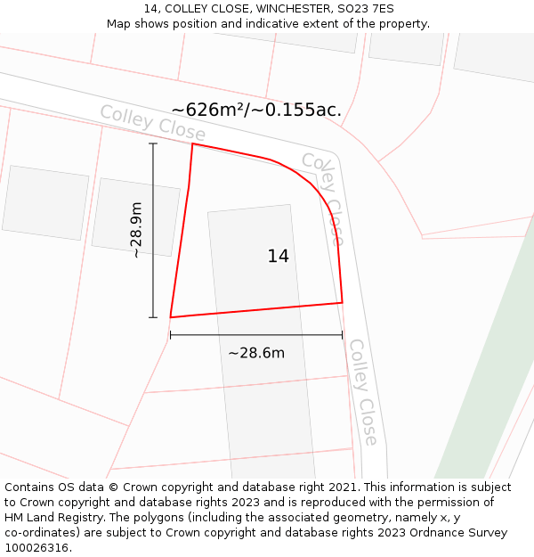 14, COLLEY CLOSE, WINCHESTER, SO23 7ES: Plot and title map
