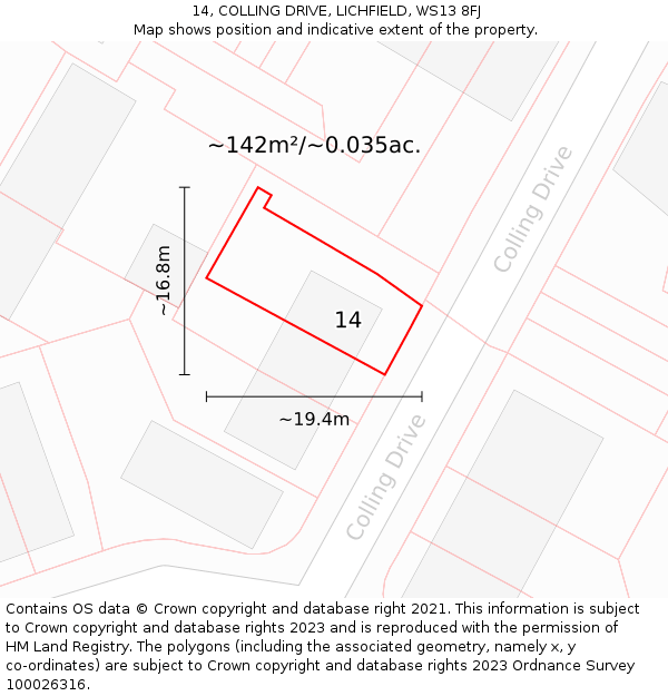 14, COLLING DRIVE, LICHFIELD, WS13 8FJ: Plot and title map