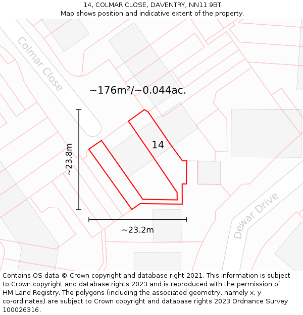 14, COLMAR CLOSE, DAVENTRY, NN11 9BT: Plot and title map