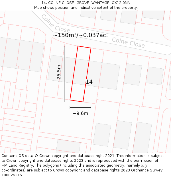 14, COLNE CLOSE, GROVE, WANTAGE, OX12 0NN: Plot and title map