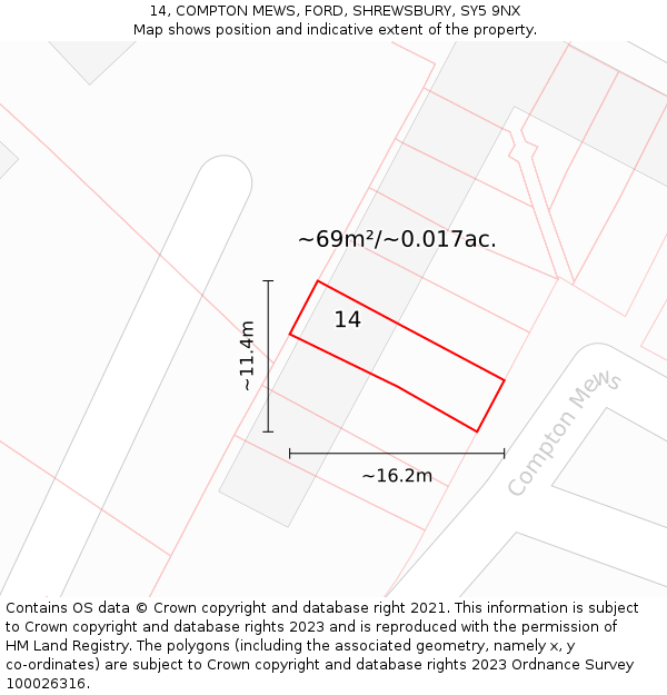 14, COMPTON MEWS, FORD, SHREWSBURY, SY5 9NX: Plot and title map