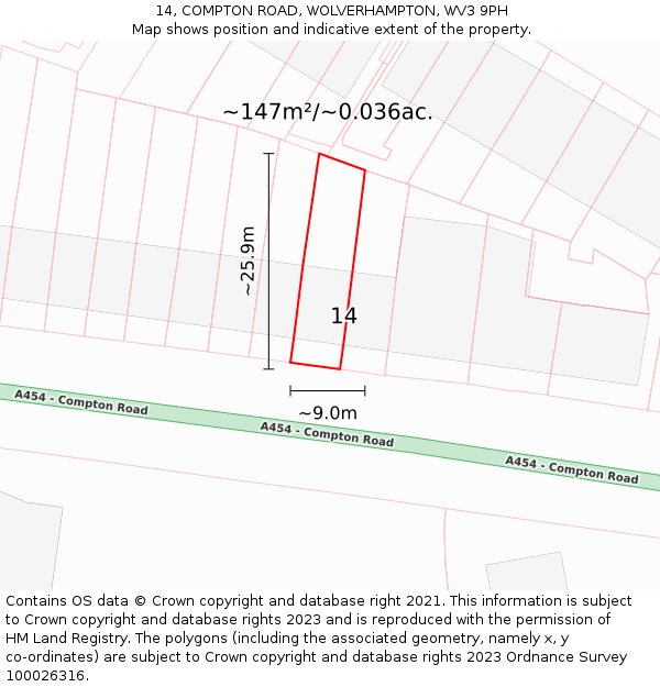 14, COMPTON ROAD, WOLVERHAMPTON, WV3 9PH: Plot and title map