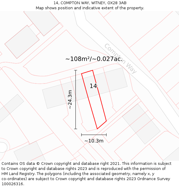 14, COMPTON WAY, WITNEY, OX28 3AB: Plot and title map