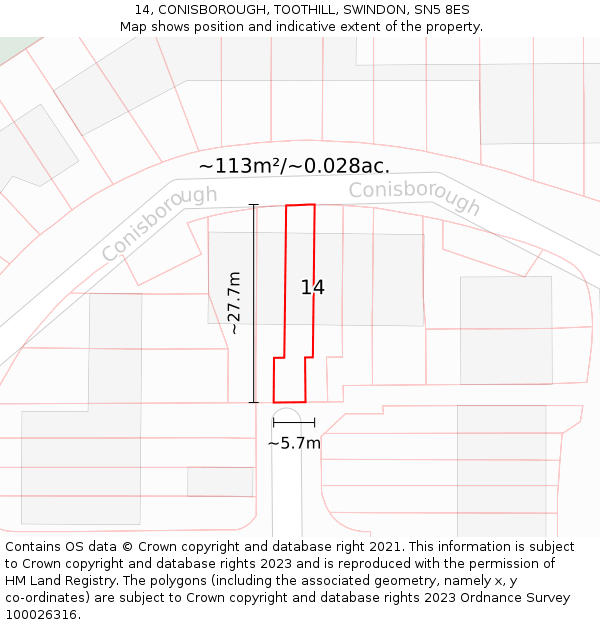 14, CONISBOROUGH, TOOTHILL, SWINDON, SN5 8ES: Plot and title map