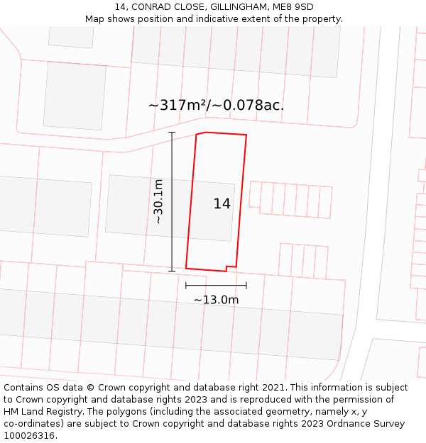 14, CONRAD CLOSE, GILLINGHAM, ME8 9SD: Plot and title map