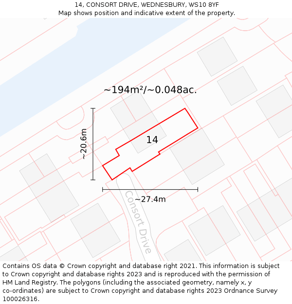 14, CONSORT DRIVE, WEDNESBURY, WS10 8YF: Plot and title map