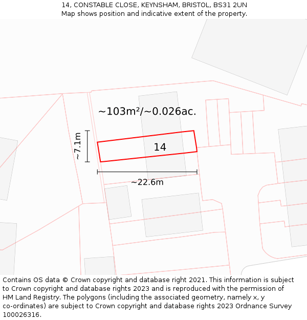 14, CONSTABLE CLOSE, KEYNSHAM, BRISTOL, BS31 2UN: Plot and title map