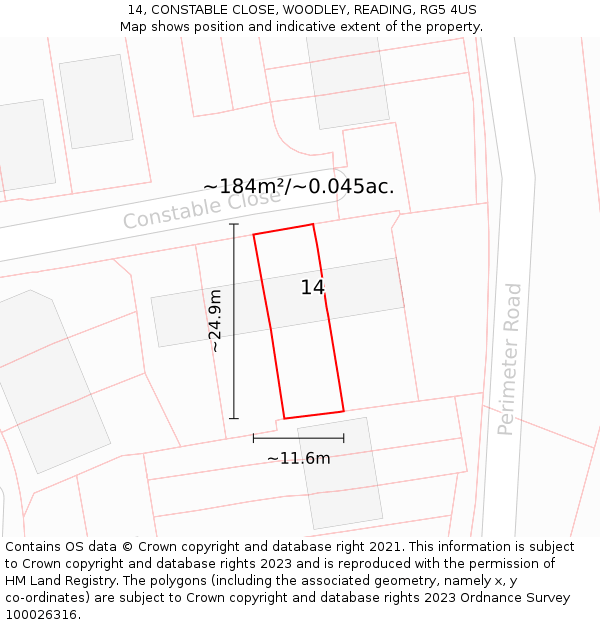 14, CONSTABLE CLOSE, WOODLEY, READING, RG5 4US: Plot and title map