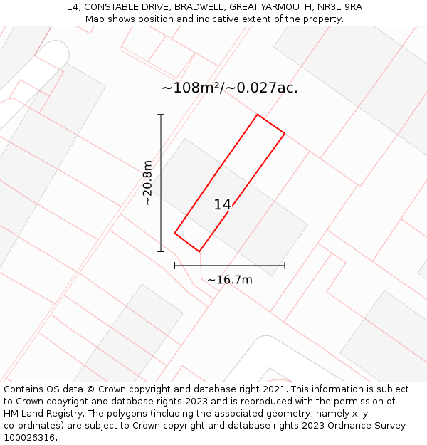 14, CONSTABLE DRIVE, BRADWELL, GREAT YARMOUTH, NR31 9RA: Plot and title map