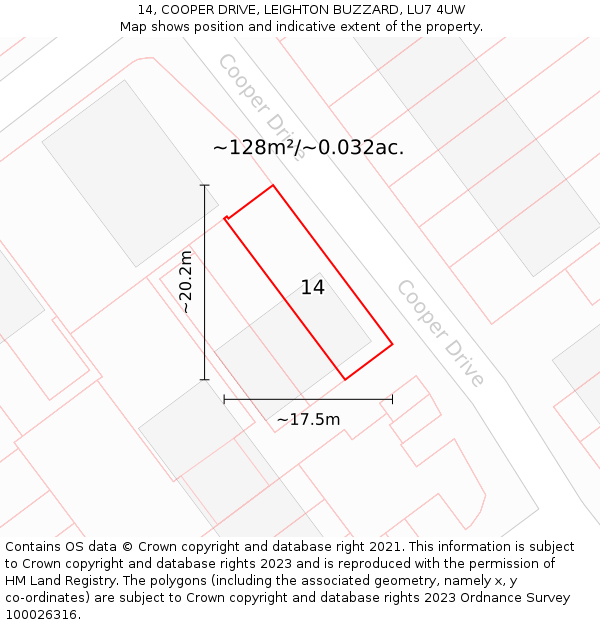 14, COOPER DRIVE, LEIGHTON BUZZARD, LU7 4UW: Plot and title map