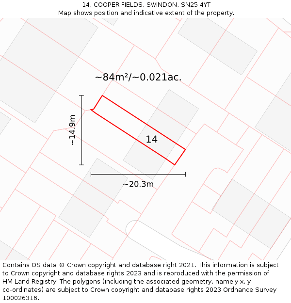 14, COOPER FIELDS, SWINDON, SN25 4YT: Plot and title map