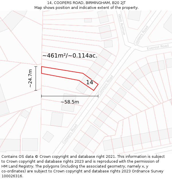 14, COOPERS ROAD, BIRMINGHAM, B20 2JT: Plot and title map