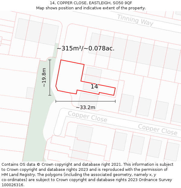 14, COPPER CLOSE, EASTLEIGH, SO50 9QF: Plot and title map