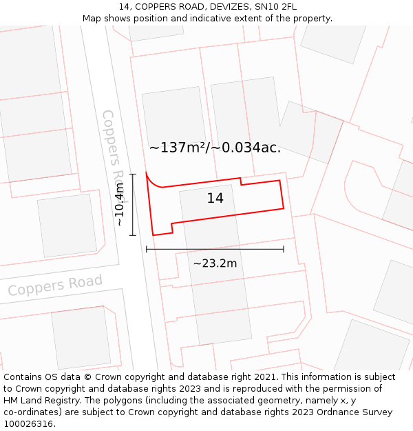 14, COPPERS ROAD, DEVIZES, SN10 2FL: Plot and title map