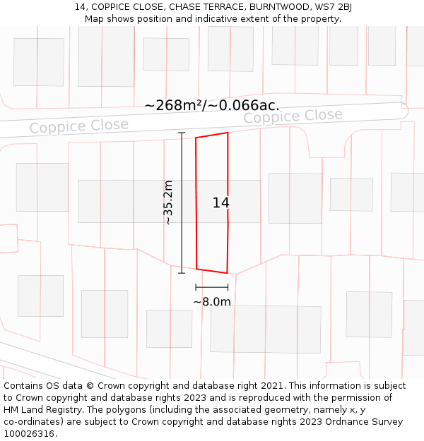 14, COPPICE CLOSE, CHASE TERRACE, BURNTWOOD, WS7 2BJ: Plot and title map
