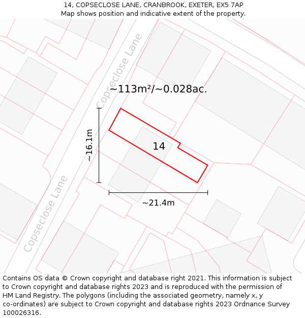 14, COPSECLOSE LANE, CRANBROOK, EXETER, EX5 7AP: Plot and title map
