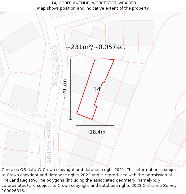 14, CORFE AVENUE, WORCESTER, WR4 0EB: Plot and title map