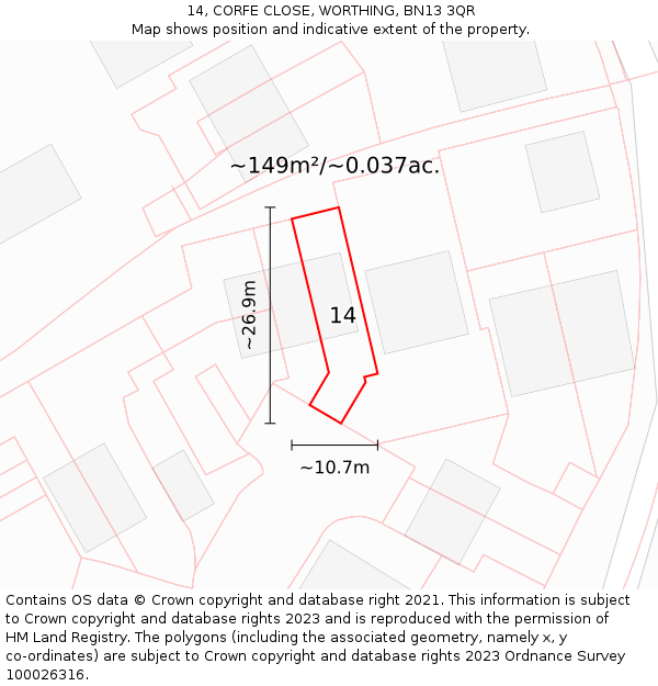 14, CORFE CLOSE, WORTHING, BN13 3QR: Plot and title map
