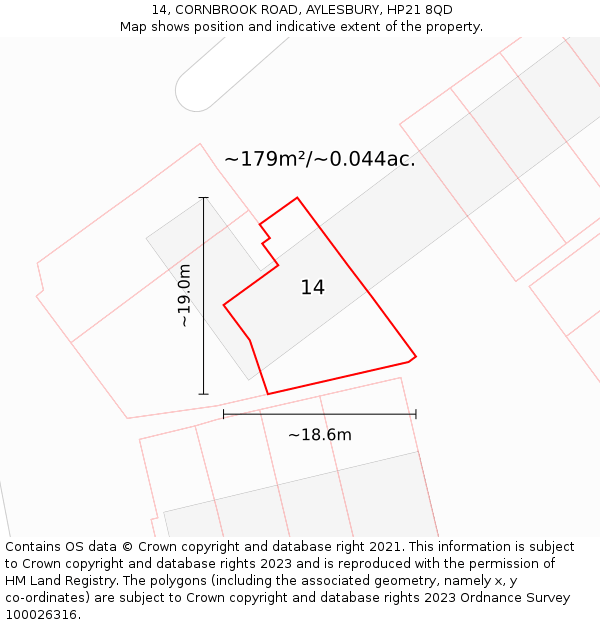 14, CORNBROOK ROAD, AYLESBURY, HP21 8QD: Plot and title map