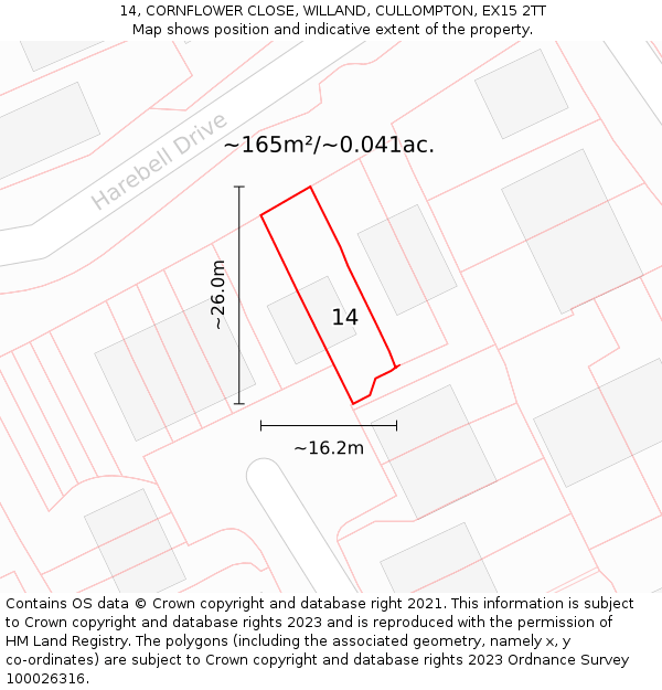 14, CORNFLOWER CLOSE, WILLAND, CULLOMPTON, EX15 2TT: Plot and title map
