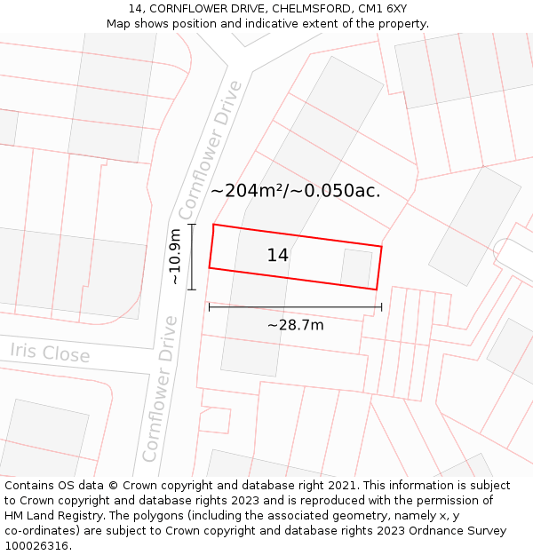 14, CORNFLOWER DRIVE, CHELMSFORD, CM1 6XY: Plot and title map
