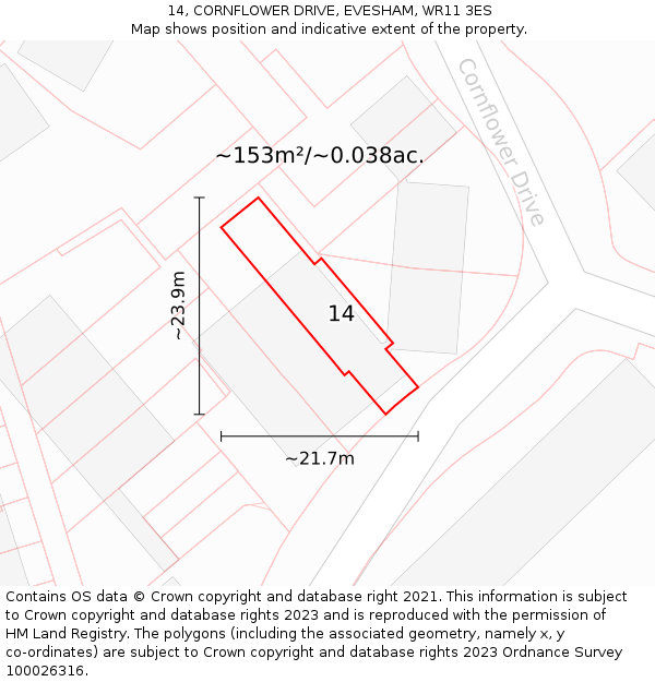 14, CORNFLOWER DRIVE, EVESHAM, WR11 3ES: Plot and title map