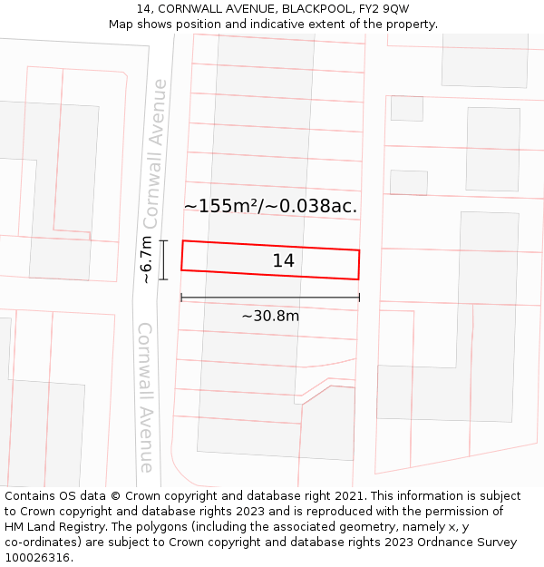 14, CORNWALL AVENUE, BLACKPOOL, FY2 9QW: Plot and title map