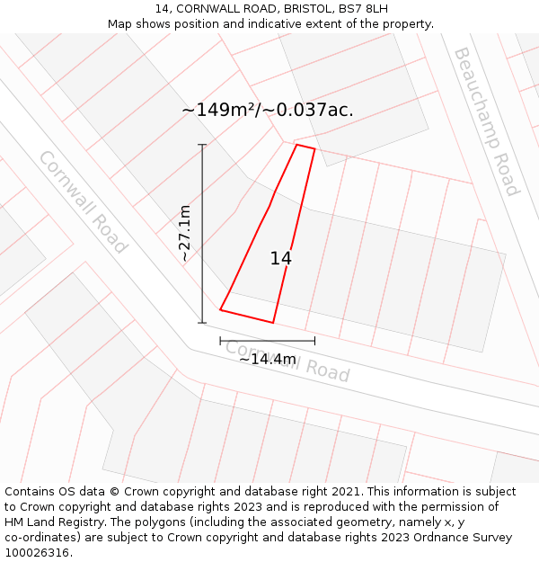 14, CORNWALL ROAD, BRISTOL, BS7 8LH: Plot and title map