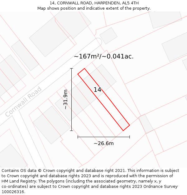 14, CORNWALL ROAD, HARPENDEN, AL5 4TH: Plot and title map