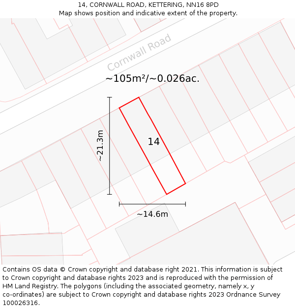 14, CORNWALL ROAD, KETTERING, NN16 8PD: Plot and title map