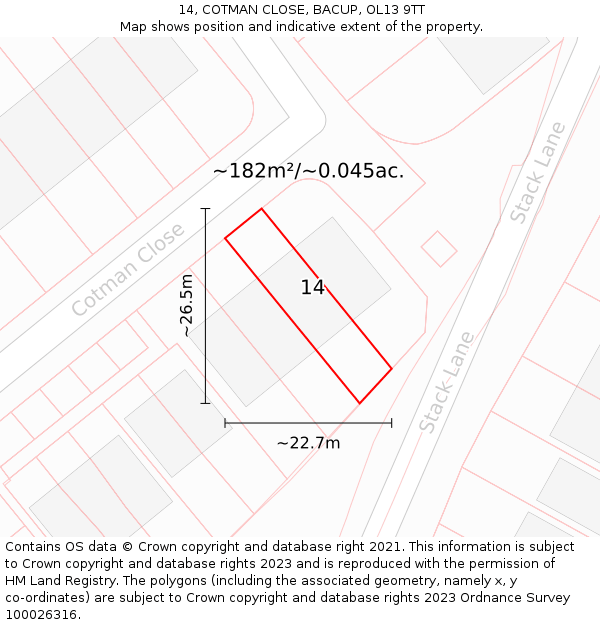 14, COTMAN CLOSE, BACUP, OL13 9TT: Plot and title map