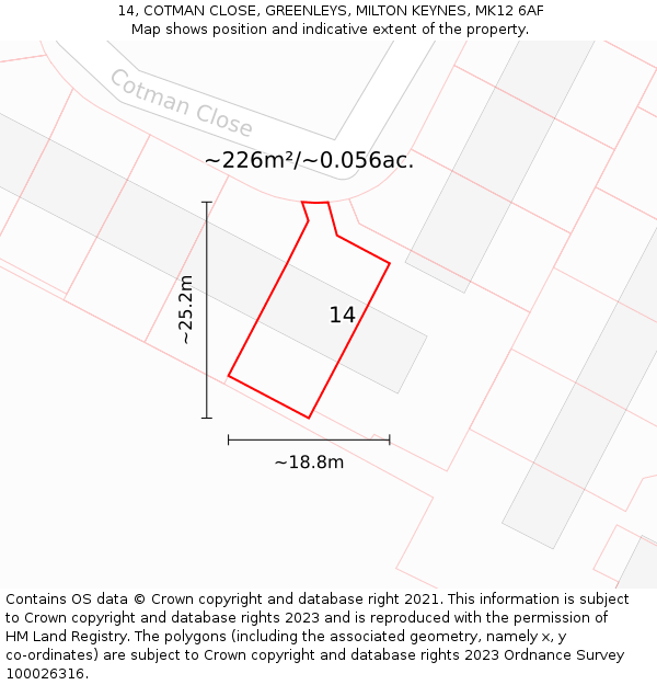 14, COTMAN CLOSE, GREENLEYS, MILTON KEYNES, MK12 6AF: Plot and title map