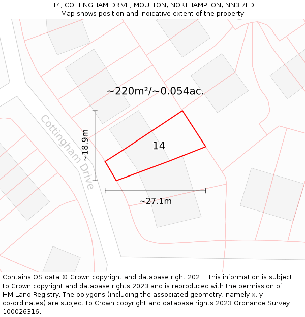 14, COTTINGHAM DRIVE, MOULTON, NORTHAMPTON, NN3 7LD: Plot and title map