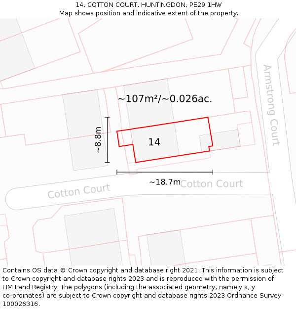 14, COTTON COURT, HUNTINGDON, PE29 1HW: Plot and title map